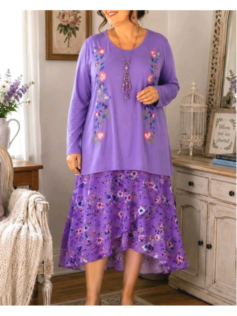 Anthony Original Sz 1X NWT 2 pc Purple Floral Embroidered Tunic Chiffon Skirt